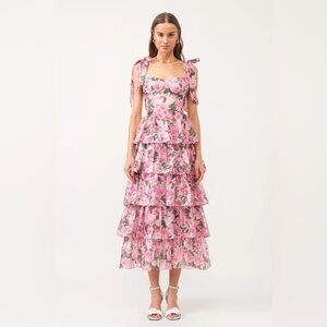 NWT Sofie The Label Floral Tie Strap Tiered Midi Dress Pink Women’s Medium